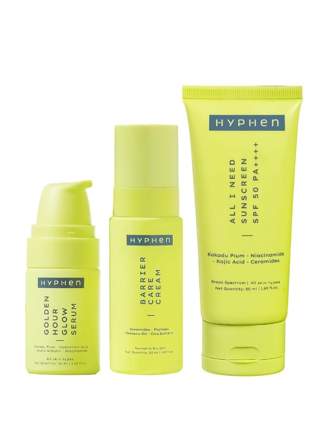 هايفن مجموعة هايفن للعناية اليومية بالوجه للبشرة العادية والجافة | روتين العناية بالوجه من 3 خطوات مع سيروم للوجه وكريم للوجه وواقي شمسي بعامل حماية SPF 50 لعلاج جفاف البشرة ونقص الترطيب | عبوة اقتصادية من 3 قطع - Image 1